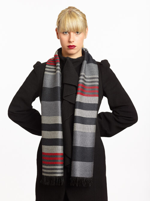 Gray silk scarf with stripes and red accent